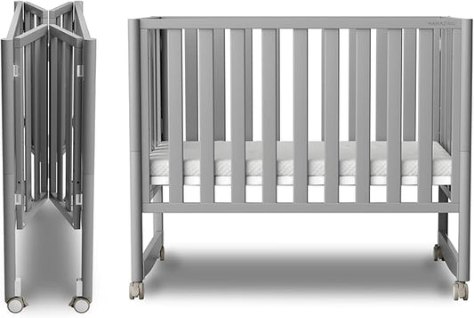 EvoNook 6-in-1 Convertible Mini Crib, 100% New Zealand Solid Wood, 4 Adjustable Mattress Heights, Crib with Mattress, Grey
