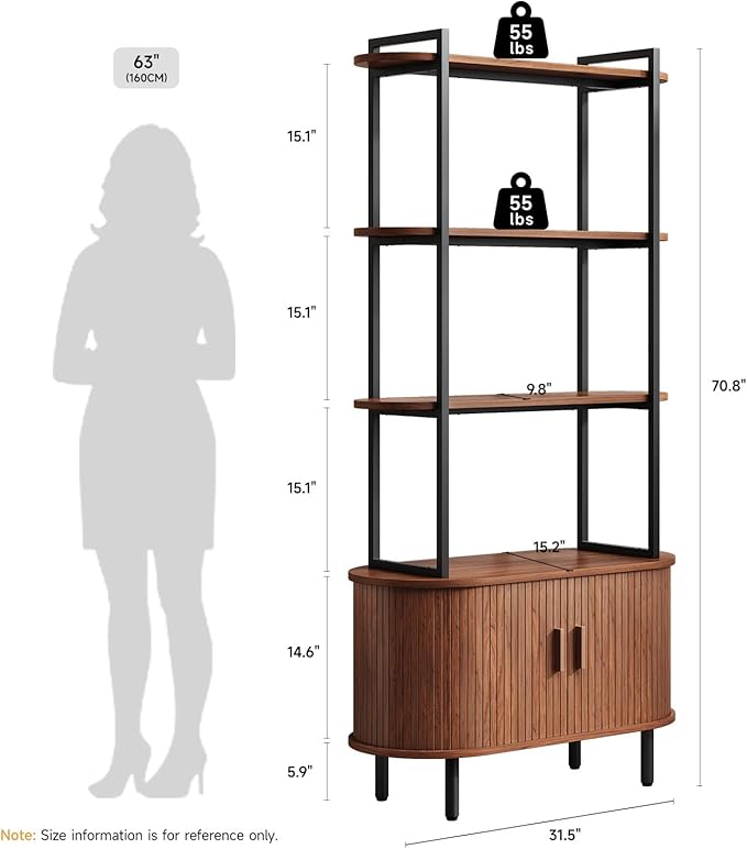 71" Tall Bookshelf, 4-Tier Book Shelf with Storage Cabinet, Modern Bookcase with Sliding Door and Adjustable Footpad, Freestanding Storage Organizer Bookshelf for Living Room, Bedroom, Walnut