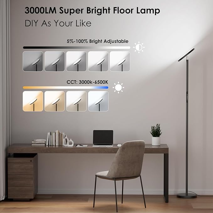 Floor Lamps for Living Room, 32W 3000LM Super Bright LED Torchiere Floor Lamp with Remote & Touch Control, 69" Tall Standing Lamp with 350°Rotating Head for Reading Office Bedroom