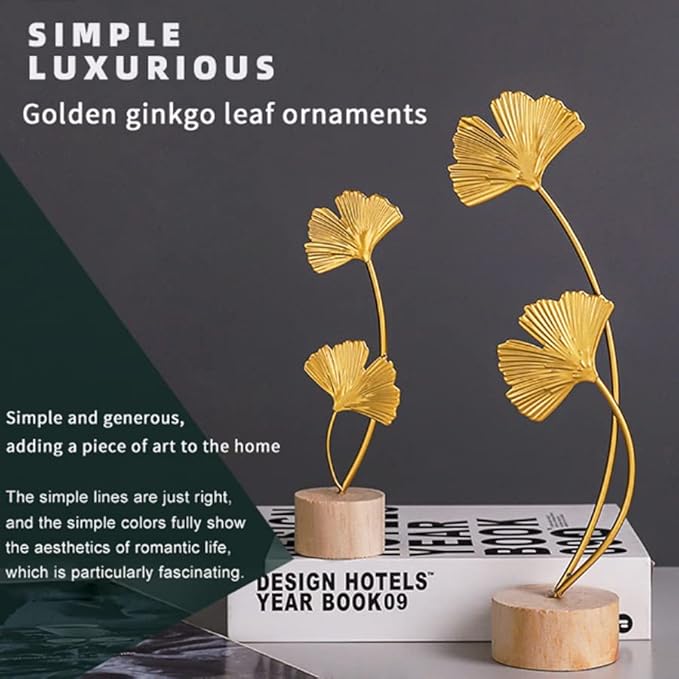 ARFUKA Decoraciones para Salas De Casa Ginkgo Leaf Statues Desktop Sculpture Ornaments Gold Home Decor for Living Room, Bedroom, Office Desktop, Cabinets Pack of 2