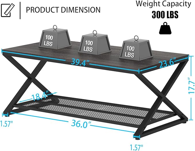LVB Industrial Grey Coffee Table, 2 Tier Wood Metal Living Room Table, Wooden Rectangle Center Table with Storage, Farmhouse Low Cocktail Tea Table for Home Office Bedroom, Dark Gray Oak, 39 Inch