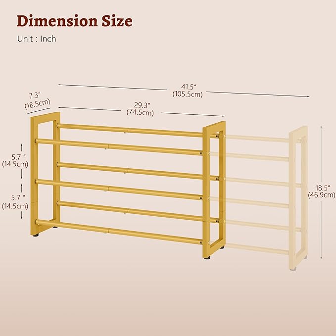 FAVOOSTY 3-Tier Expandable Shoe Rack, Adjustable Shoe Shelf Storage Organizer Space Saving Metal Free Standing Shoe Rack for Entryway Closet Doorway, Gold