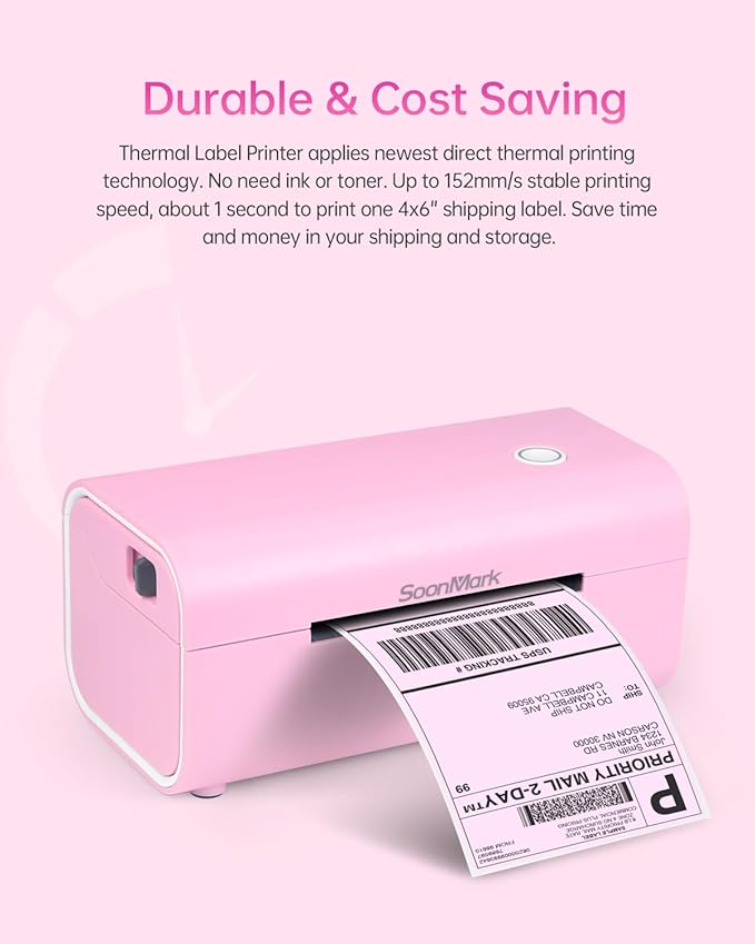 Bluetooth Thermal Label Printer, Wireless 4x6 Shipping Label Printer for Small Business Shipping Packages, Compatible with iPhone, Android, Mac, Windows, Etsy, Ebay, Shopify, USPS (Pink)
