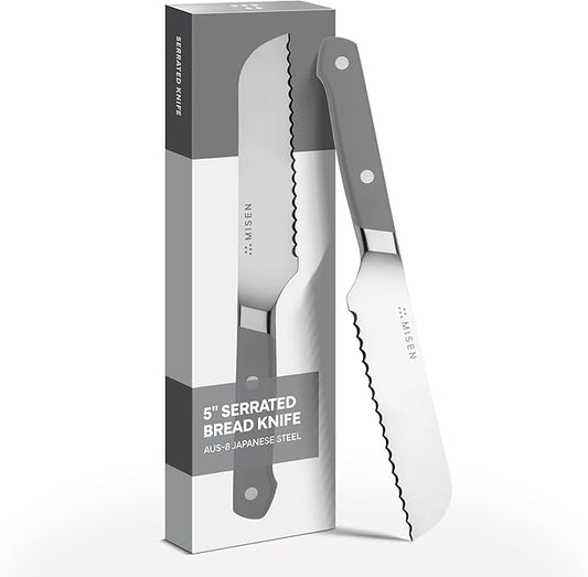 Misen Serrated Bread Knife – High-Carbon Japanese AUS8 Steel – Effortless Slicing of Bread, Pastries, and Fruits – Razor-Sharp Edge and Durable Blade with Ergonomic Handle - 5", Gray