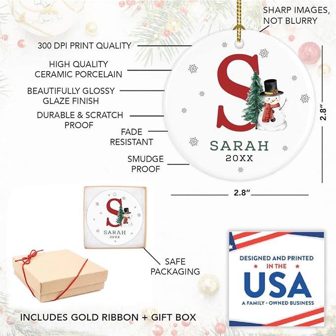 Andaz Press Personalized Ornament, Custom Name, Initial S Monogram Snowman 2.8" Ceramic Porcelain 2025 Christmas Ornament Keepsake for Kids, Boys, Girls, Includes Gold Ribbon & Gift Box, 1-Pack