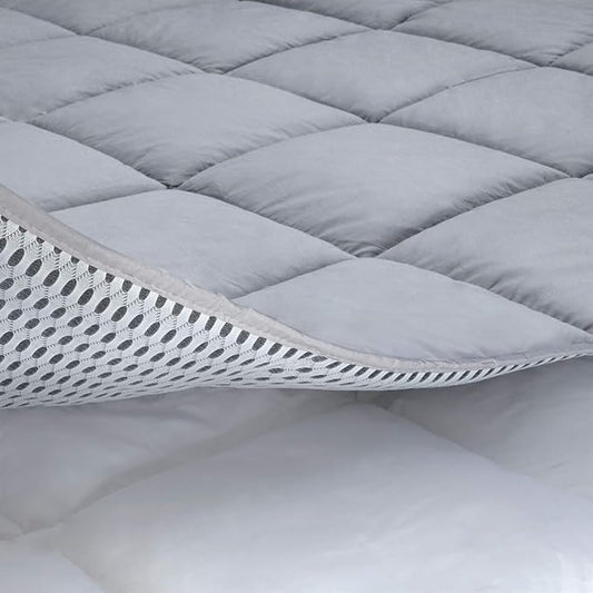Cooling Mattress Pad Cover (Twin - Grey), Topped with 100% Cotton Cover and Mesh Shell Underlay, Snow Fiber Filled, Soft, Temperature Regulated, Premium Mattress Protector, Machine Washable
