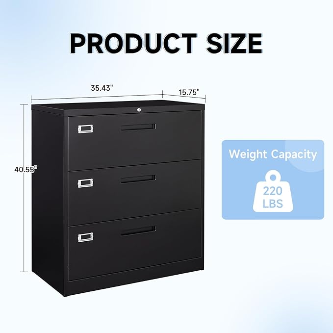 Lateral Filing Cabinet,3 Drawer File Cabinet with Lock,Office Lateral File Cabinets for Legal/Letter A4 Size,Require Assembly, Black