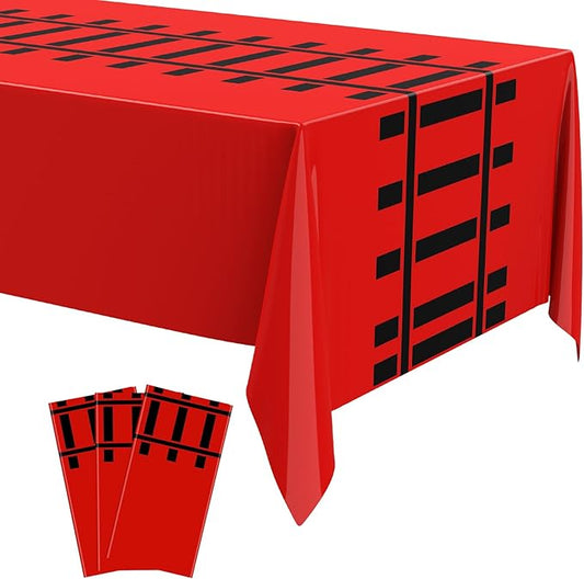 3 Pcs Train Party Decorations Railroad Track Tablecloths Train Birthday Party Supplies 54 x 108 Inch Plastic Table Covers for Railroad Track Western Theme Birthday (Red)