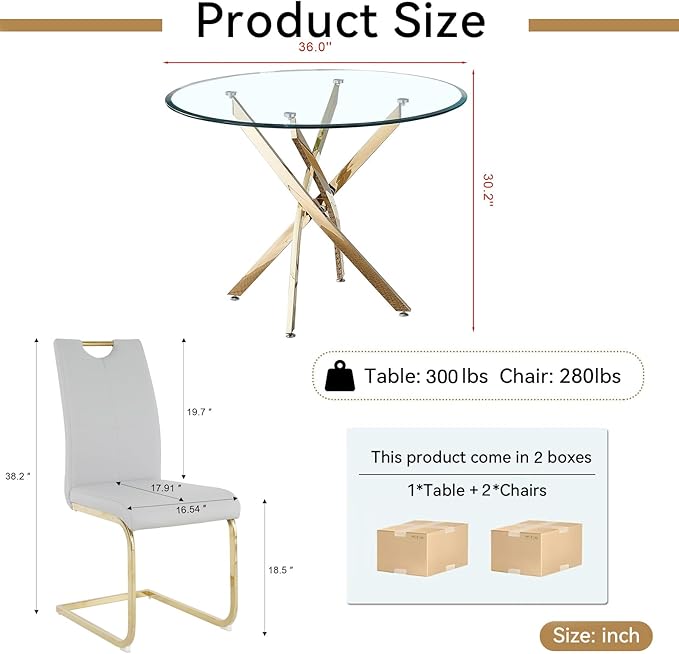 Goujxcy 3 Pieces Round Dining Table Set for 2, Modern Gold Glass Kitchen Table and Chairs for 2 with Upholstered Chairs, Circle Coffee Dining Table Set for Small Space,Apartment,Office