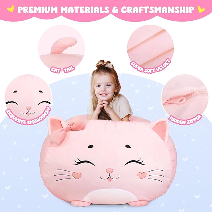 GAGAKU Stuffed Animal Bean Bag Cover Toy Storage, 24 Inches Kids BeanBag Pink Small Cat Large Zipper Bean Bag for Organizing Kids Plush Toys Home Supplies