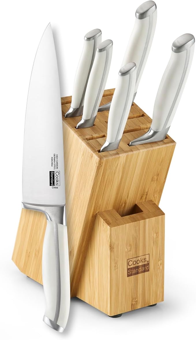 Cooks Standard Kitchen Knife Set with Block 6-Piece, Stainless Steel Forge High Carbon German Blade with Expandable Bamboo Storage Block for Extra Slots, White