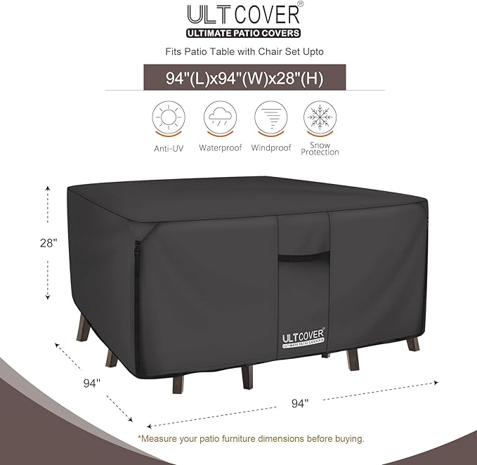 ULTCOVER 600D Tough Canvas Heavy Duty Square Patio Table and Chairs Cover - Waterproof Outdoor General Purpose Furniture Covers 94 inch, Black