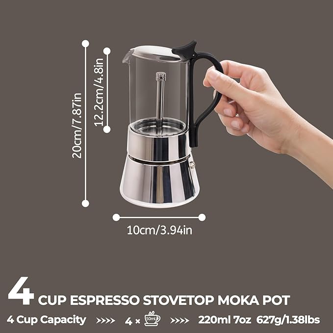 Clear Glass Moka Pot 4 Cup 220ml Stainless Steel Coffee Maker Uncoated Stovetop Espresso Percolator Coffeemaker Italian Classic Style Brewing Greca Cafe Mocha Machine for Cafeteras Camping Travel Home