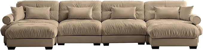 Ball & Cast 166" U Shaped Couch Sectional Couch,4 Seater Modular Couchs with Round Bolster Armrest,6 Pillows,Waist Pillows,Modern Corner Sofa w/ 2 Removable Ottomans,for Living Room,Camel