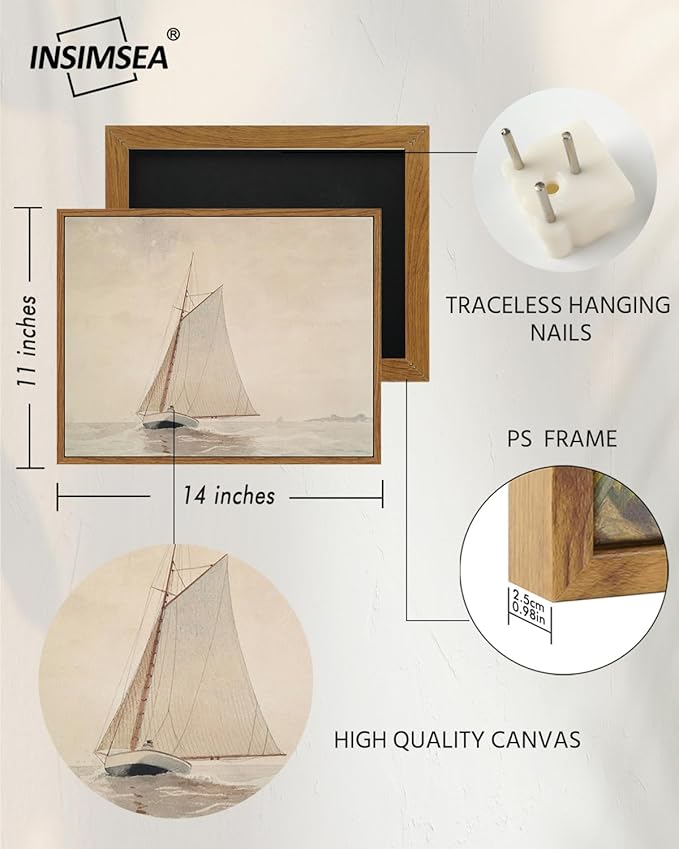 InSimSea Framed Wall Art for Living Room Large Canvas Wall Art White Sailboat Seascape Watercolor Vintage Painting - Coastal Wall Art Prints Pictures Bedroom Office and Home Decor 11x14in