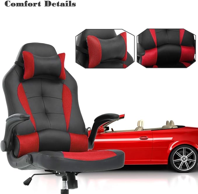 BestOffice PC Gaming Chair Ergonomic Office Chair Desk Chair with Lumbar Support Flip Up Arms Headrest PU Leather Executive High Back Computer Chair for Adults Women Men (Red)