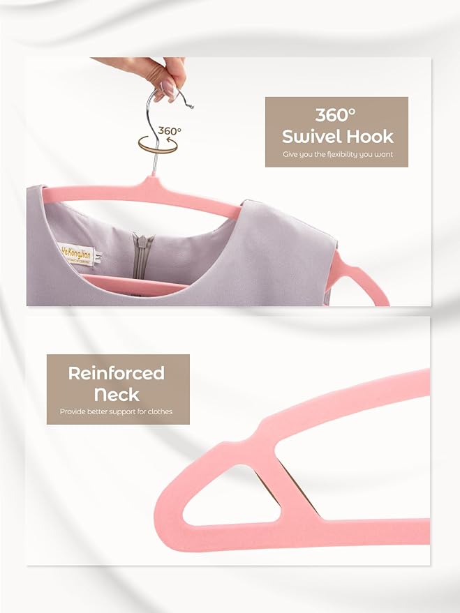 HOUSE DAY Pink Velvet Hangers 60 Pack, Luxury Felt Hangers Non Slip Space Saving Pink Clothes Hanger Heavy Duty Coat Hanger, No Shoulder Bump Focked with 360° Swivel Hook for Closet
