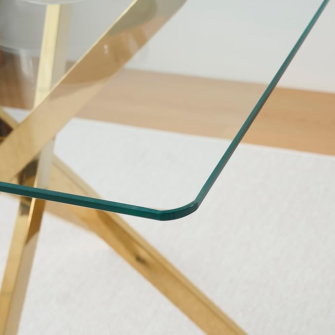 Goujxcy 5 Piece Glass Dining Table Set Modern Small Glass Dining Table Set for 4, 35.43" Square Kitchen Table and 4 Velvet Upholstered Chairs for Kitchen Dining Room, Gold & Green