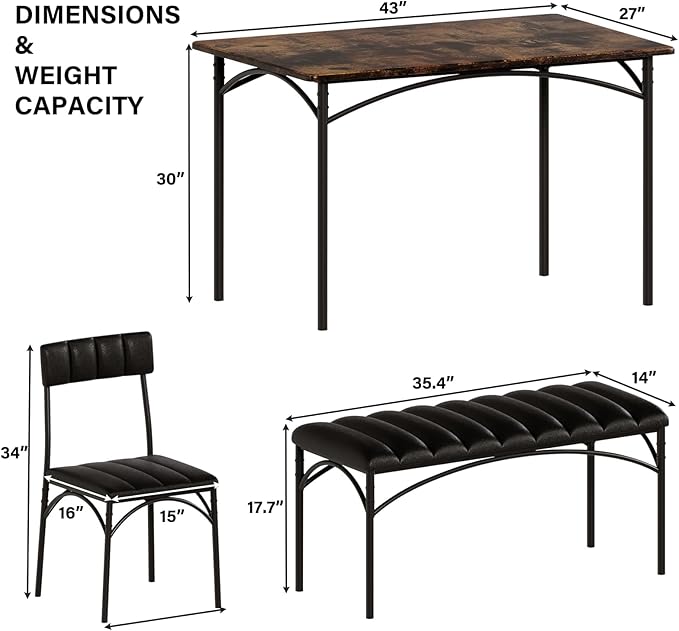 4 EVER WINNER Dining Table Set for 4, Kitchen Table with Upholstered Bench and 2 Chairs, Dining Room Set for Small Space, Apartment, Kitchen, Rustic Brown