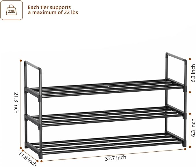 Metal Shoe Rack, 3-Tier Shoe Organizer with Adjustable Shelf Height, Sturdy Shoe Storage Shelf, Perfect for Front Door Entrance, Closet & Entryway, Easy to Assemble, DIY Layering Options (S - 3 Tier)