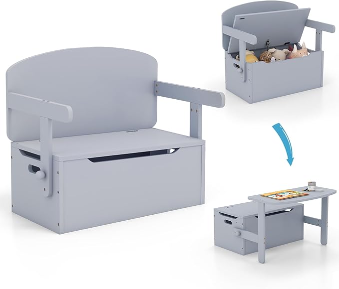 Costzon Kids Table and Chair Set, Convertible Toy Storage Bench with Built-in Handle for Kindergarten, Preschool, Kids Room, Playroom, Wood Reading Nook for Toddler Boys Girls Ages 3 to 7 (Grey)