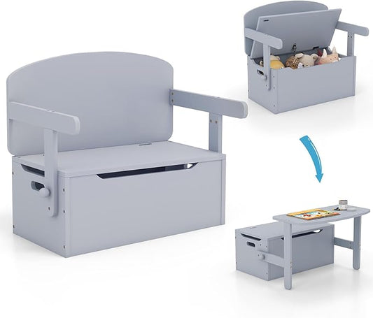 Costzon Kids Table and Chair Set, Convertible Toy Storage Bench with Built-in Handle for Kindergarten, Preschool, Kids Room, Playroom, Wood Reading Nook for Toddler Boys Girls Ages 3 to 7 (Grey)
