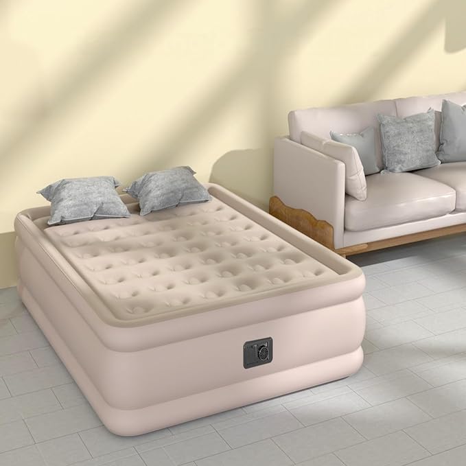 Queen Air Mattress with Built-in Pump, Air Bed with Portable Storage Bag, 18'' Blow up Mattress Suitable for Home and Guests, Top Flocking, 18" Queen Khaki