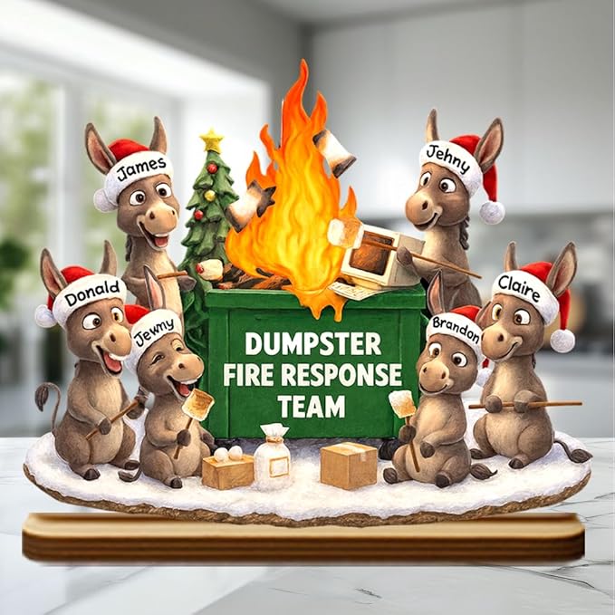 Funny Donkey Dumpster Fire Response Team Wooden Plaque 2025, Personalized Flaming Dumpster Sign, Custom Name Group Plaque, Matching Holiday Decor, Humorous Gift for Coworkers