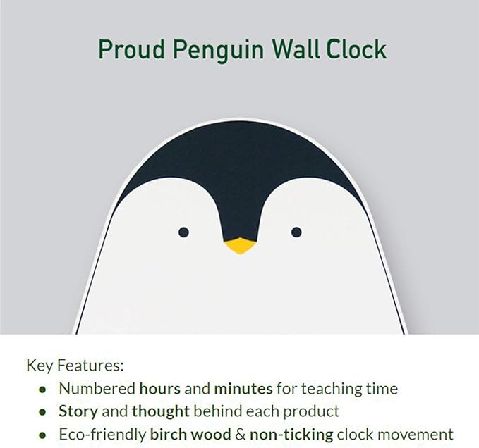 Non-Ticking, Silent 11-Inch Wall Clock – Decorative, Modern, Clean, Cute, Kid-Friendly Design for Indoor, Office, Home, Baby Room (Proud Penguin)