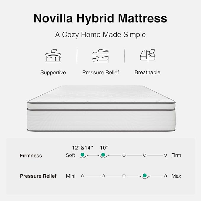 Novilla King Size Mattress 12 Inch, Hybrid Mattress King Size with Comfy Support, Bed Mattresses in a Box with Individual Pocket Springs for Motion Isolation & Pressure Relief, Certipur-Us Certified