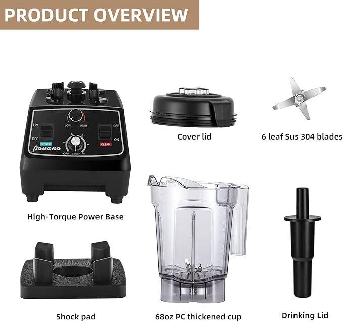 Panana Professional Countertop Blender, 1400W for Shakes and Smoothies, Home & Commercial With Timer and Speed Control, 68oz BPA-Free, Dishwasher Safe