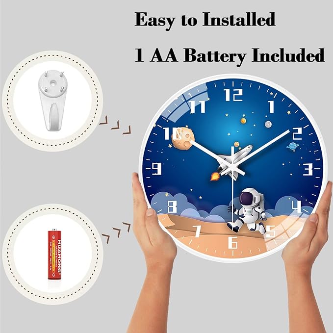 12 Inch Silent Movement Kids Wall Clock, Non Ticking Children Round Wall Clock Battery Operated Space Travel Style Decor Children Clock for Home School Boys Bedroom Living Room (White)