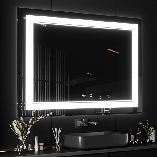 COOL2DAY LED Mirror for Bathroom,55x36 Inch Lighted Bathroom Vanity Mirror with Lights, Double Light Strips, 3 Colors, Shatter-Proof, Anti-Fog and Brightness Memory