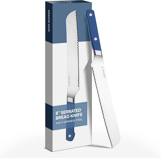 Misen Serrated Bread Knife – High-Carbon Japanese AUS8 Steel – Effortless Slicing of Bread, Pastries, and Fruits – Razor-Sharp Edge and Durable Blade with Ergonomic Handle - 8", Blue