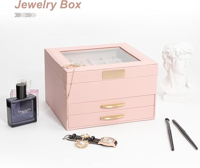 Jewelry Holder Organizer,3 Tiers Leather Jewelry Set Box with 2 Drawers,Jewelry Box for Women Girls,Large Capacity Jewelry Holder Box (Pink)