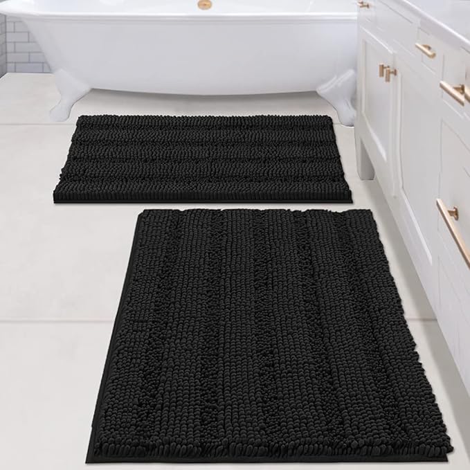 H.VERSAILTEX 2 Piece Bathroom Set - Super Absorbent Chenille Striped Bath Mats - Non Skid Machine Wash Dry Rugs for Bathroom Floor (Black, 24 x 36 Plus 20 x 32 - Inches)