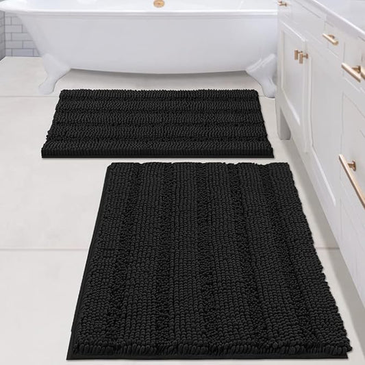 H.VERSAILTEX 2 Piece Bathroom Set - Super Absorbent Chenille Striped Bath Mats - Non Skid Machine Wash Dry Rugs for Bathroom Floor (Black, 24 x 36 Plus 20 x 32 - Inches)
