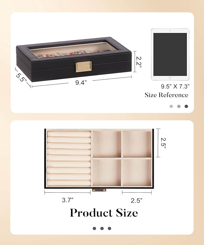 Homde Jewelry Tray Stackable Jewelry Box with Glass Lid, Removable Dividers for Vanity Table Gift Idea for Girls and Women (Black)