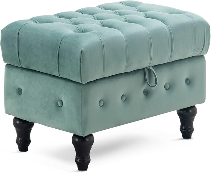 Artechworks Rectangular Storage Coffee Table Ottoman,Button Tufted Velet Upholstery Footstool Bedroom Ottoman for Living Room, Home Office, Space-Saving Storage Toy Box Stool, Light Blue