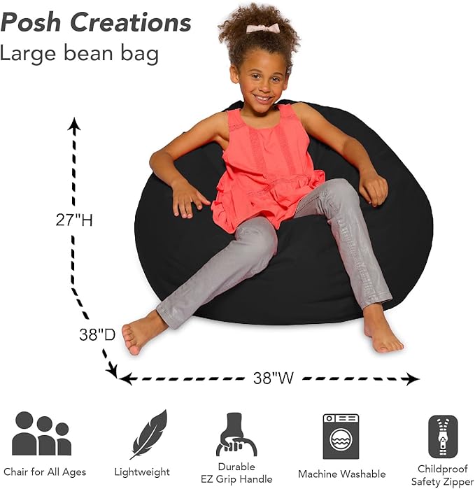 Posh Creations Bean Bag Chair for Kids, Teens, and Adults Includes Removable and Machine Washable Cover, Solid Black, 38in - Large