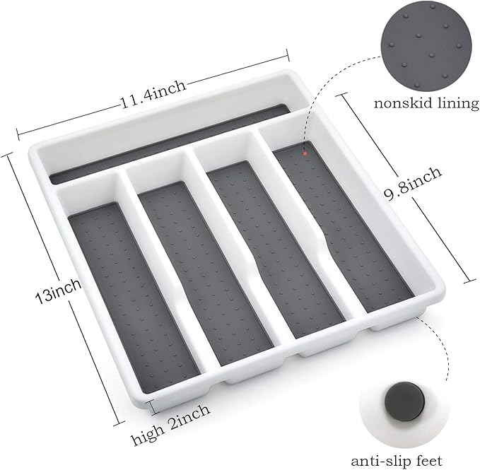 HaWare Silverware Tray for Drawer with Five Sections, Flatware Organizer/Cutlery Holder with Soft Grip Lining and Non-slip Rubber Feet, Multi-Purpose Storage for Kitchen, Office, Bathroom Supplies