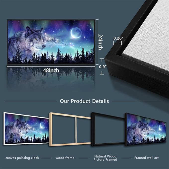 Framed Canvas Wall Art - Large Size Aurora Scenery Paintings - Abstract Wolf Wall Pictures - Black Framed 24" X 48" - For Living Room, Bedroom & Office Decor