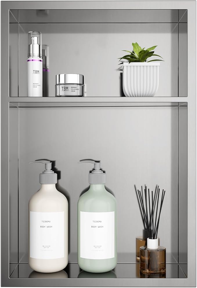 Brushed Nickel Stainless Steel Shower Niche 12" x 18" – Recessed 2-Tier Shower Shelf, 12"x12" Upper & 12"x6" Lower Storage, Waterproof & Rustproof, Modern Bathroom Wall Niche