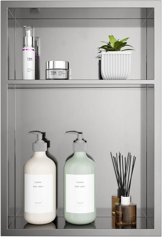 Brushed Nickel Stainless Steel Shower Niche 12" x 18" – Recessed 2-Tier Shower Shelf, 12"x12" Upper & 12"x6" Lower Storage, Waterproof & Rustproof, Modern Bathroom Wall Niche