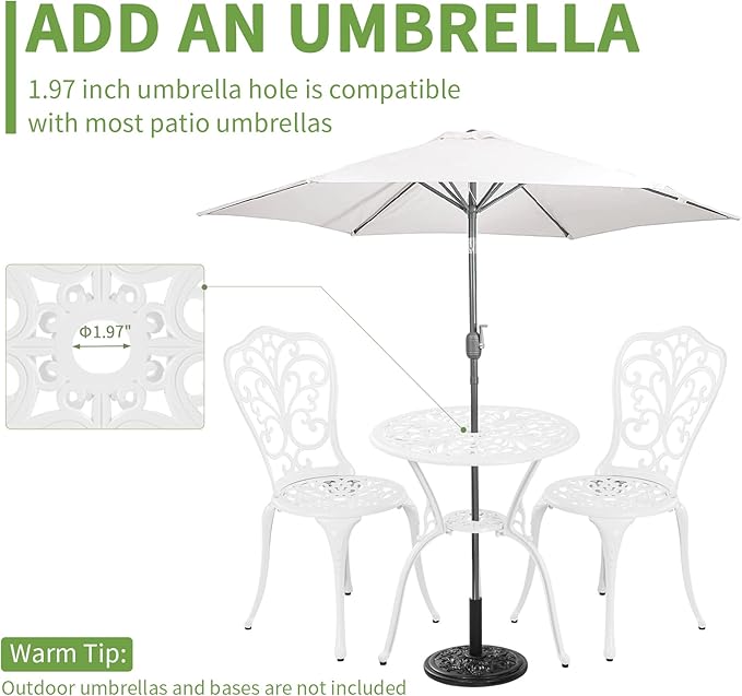 Bistro Set 3 Piece Outdoor Cast Aluminum Patio Bistro Set with Umbrella Hole, All Weather Bistro Table and Chairs Set, Small Patio Furniture Set for Garden, Porch,White
