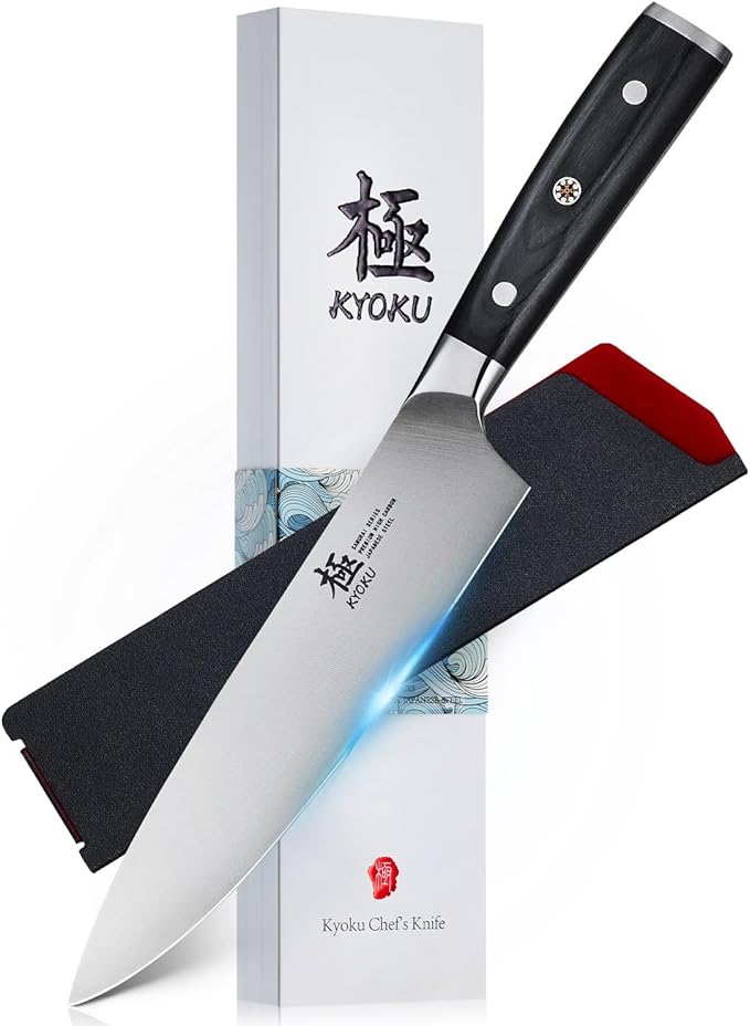 KYOKU 8" Chef Knife, Samurai Series Meat Cutting Knife with Pakkawood Handle & Mosaic Pin, Japanese High Carbon Steel Knife, Full Tang Cutting Chopping Knife for Vegetable Fruit with Sheath and Case