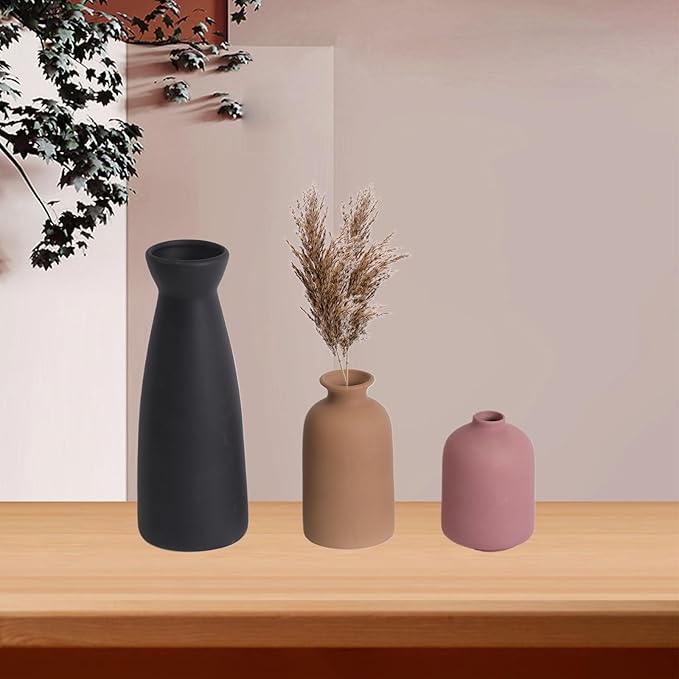 Ceramic Vase Set of 3, Rustic Modern Brown Vases for Bouquet, Fresh or Dried Plants, Home Decor-Modern Decorative Ceramic Flowers Vase for Rustic Home Decor (Black-Pink)