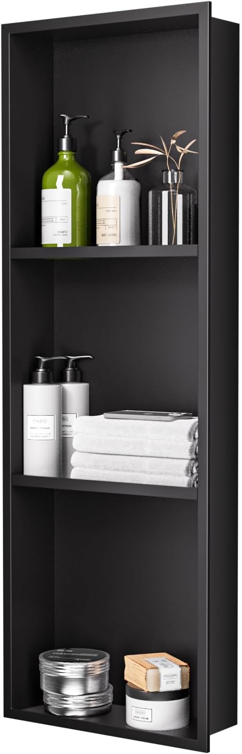 Stainless Steel Shower Niche 12" x 36", 3-Tier Shower Niches No Tile Needed, Recessed Niche for Shower Wall, Shower Niche Shelf for Bathroom Storage, Matte Black