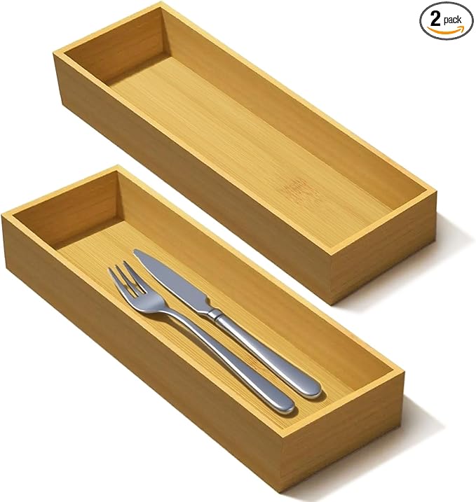 Bamboo Drawer Silverware Organizer, Utensil Organizer, Bamboo Storage Box Wood Silverware Tray for Drawer Set of 2