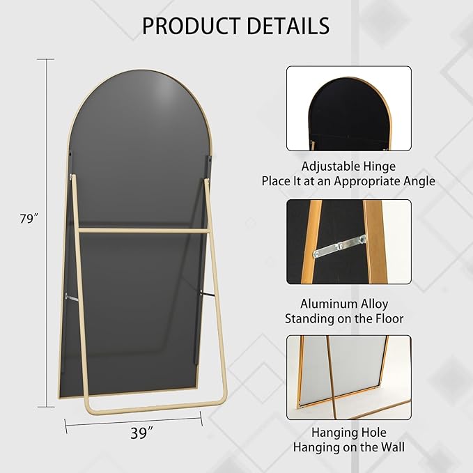 Beauty4U 79" x 39" Large Arched Full Length Mirror with Stand, Metal Frame Gold Wall Mounting Full Body Tempered Mirror for Living Room, Bedroom